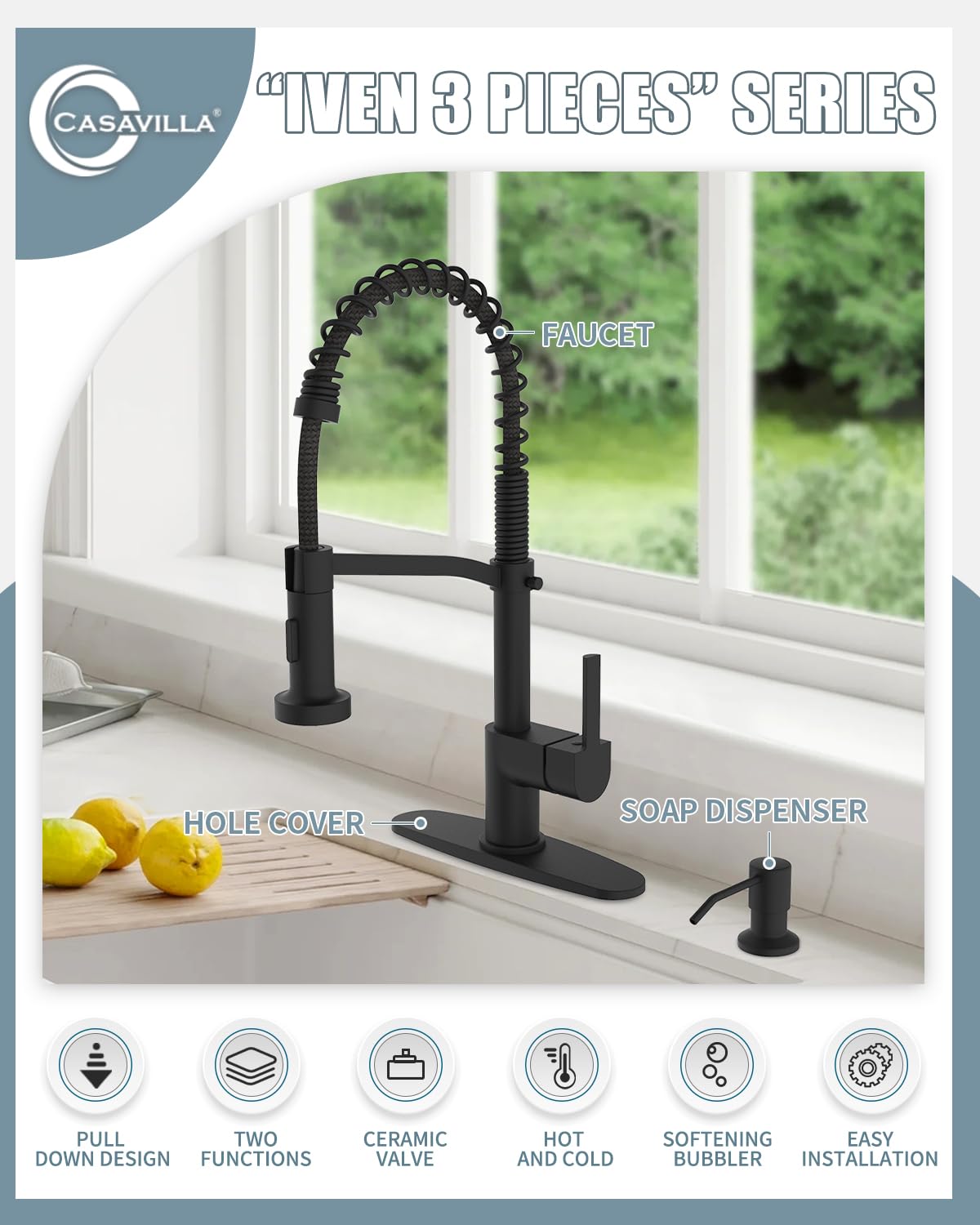 Casavilla Black Kitchen Faucet Soap Dispenser, Faucet For Kitchen Sink, Kitchen Sink Faucet With Deck Plate, Kitchen Faucet With